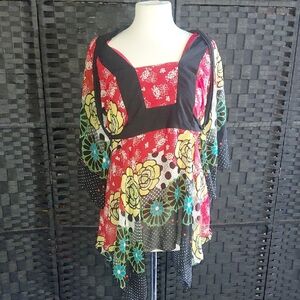 Bisou Bisou Red Floral Mixed-Print Tunic with Black Trim